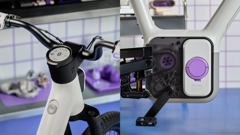 The Also TM-B Launch Edition e-bike in matte silver with a 5-inch digital display and a modular frame, designed by Rivian spinoff for next-gen commuting.