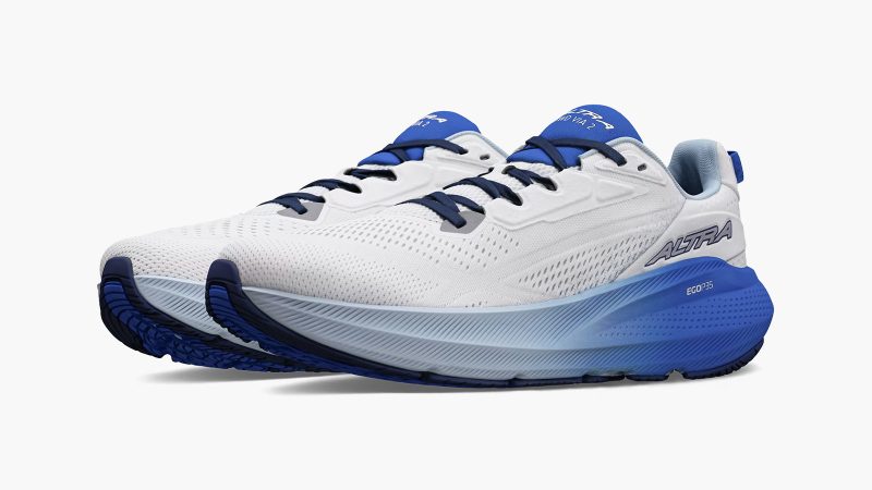 Altra FWD VIA 2 running shoes with max cushion design, featuring new EGO™ P35 midsole, rocker geometry, and breathable mesh upper for road running comfort.