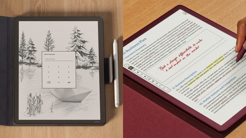 The Amazon Kindle Scribe Colorsoft showcases its sleek 11-inch display and AI-powered note-taking features.
