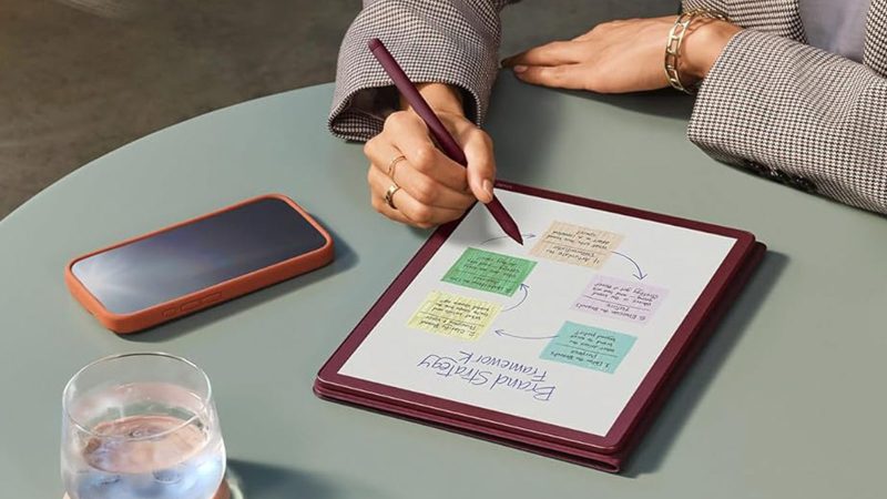 The Amazon Kindle Scribe Colorsoft showcases its sleek 11-inch display and AI-powered note-taking features.
