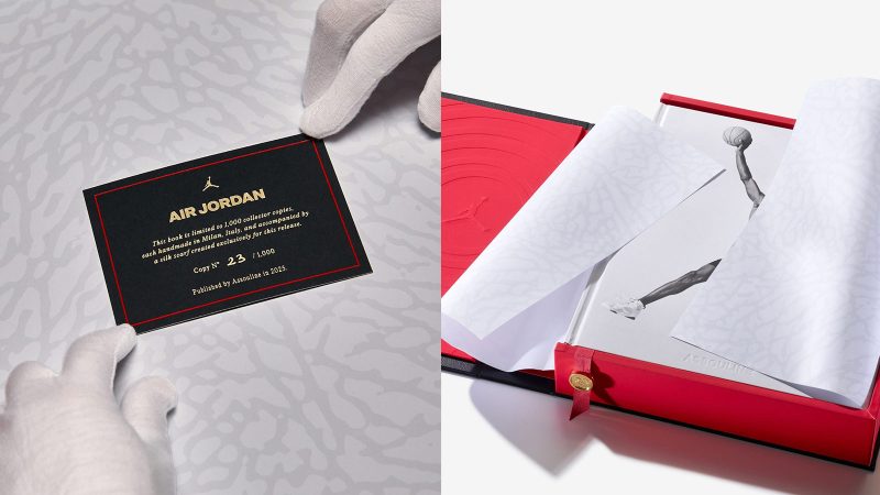 A deluxe edition book titled ‘Air Jordan: The Ultimate Collection’ by Assouline, encased in an ornate black leather clamshell box embossed with Baroque motifs, with a red ribbon and gold medallion bookmark visible.