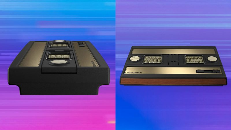 The Atari Intellivision Sprint retro console in black and gold with wireless controllers and HDMI port.