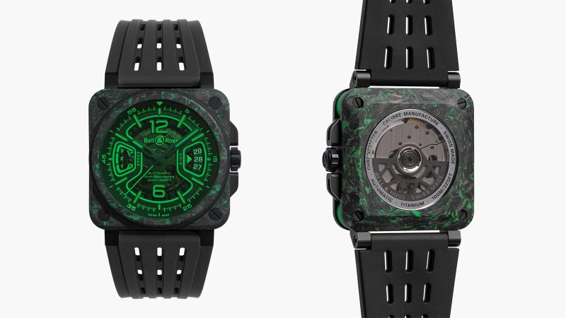 The Bell & Ross BR-X3 Night Vision luminous carbon-fiber watch with green accents and titanium case.