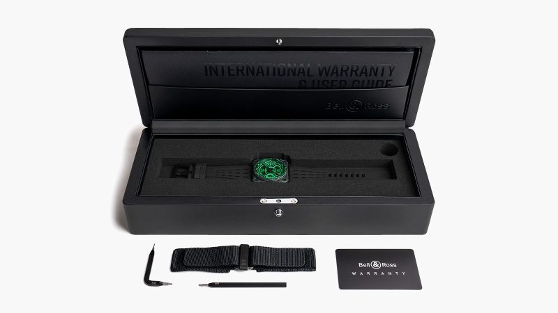 The Bell & Ross BR-X3 Night Vision luminous carbon-fiber watch with green accents and titanium case.