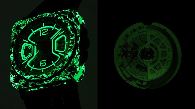The Bell & Ross BR-X3 Night Vision luminous carbon-fiber watch with green accents and titanium case.