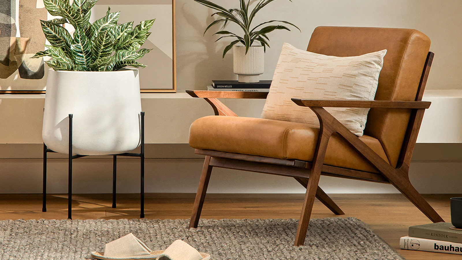 Article Otio Leather Lounge Chair in Toscana tan, a mid-century accent chair for men with understated luxury.
