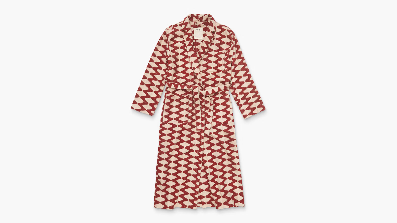 OAS Big Lauda Long Robe with red wave pattern, a bold cotton-terry robe for style-driven men.
