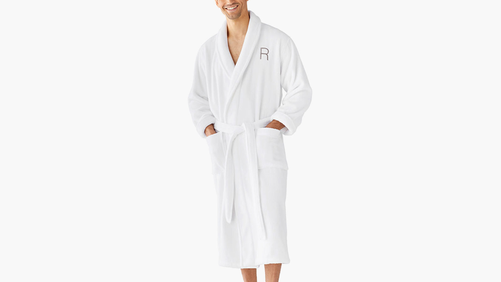 The Company Store Men’s Robe in white Turkish cotton, a luxurious spa-style essential for men.