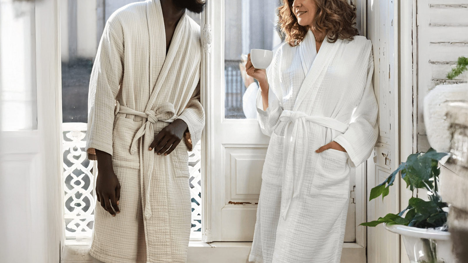 Riley Home Four Layer Robe in soft cotton, a lightweight, textured robe among the best men’s robes for comfort.