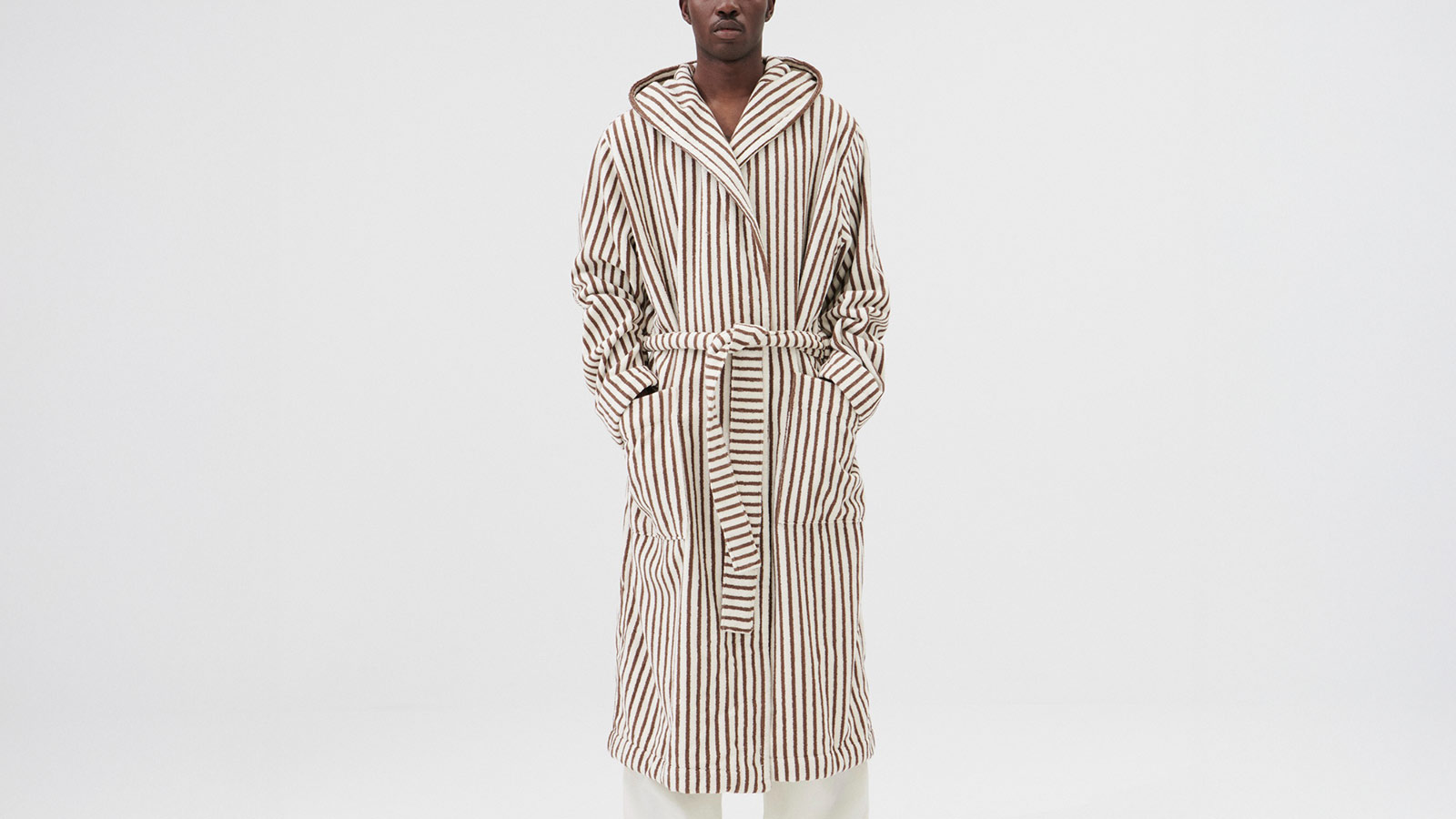 Tekla Terry Hooded Bathrobe with bold stripes, a heavyweight organic cotton robe for men’s everyday luxury.