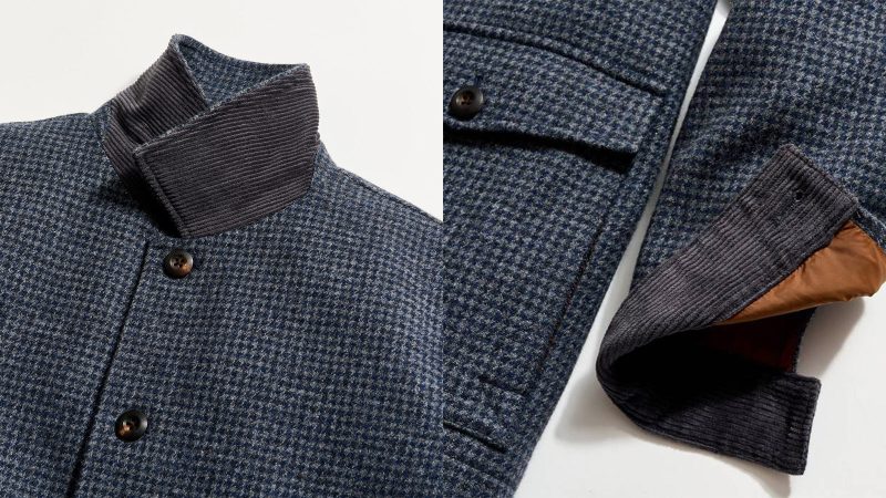 Billy Reid Bennet Overcoat in navy wool blend, styled with dark horn buttons and chambray lining for refined cold-weather versatility.