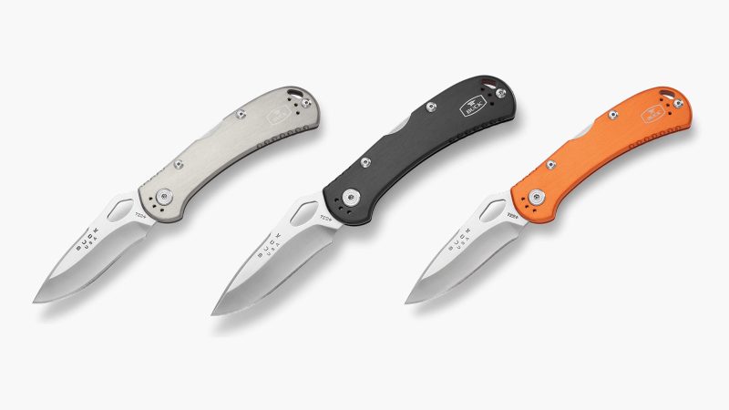 The Buck Knives Spitfire folding Series feature the satin-finished 420HC steel blade, anodized aluminum handle, and reversible pocket clip.