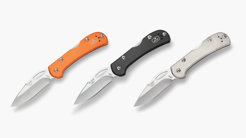 The Buck Knives Spitfire folding Series feature the satin-finished 420HC steel blade, anodized aluminum handle, and reversible pocket clip.