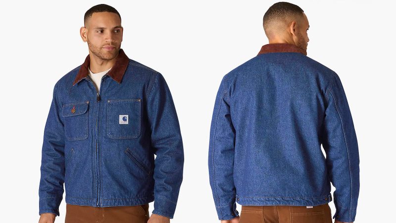 The Carhartt Crafted Series Denim Sherpa Lined Chore Jacket is a heavyweight 15-oz cotton denim with plush sherpa lining and corduroy collar.