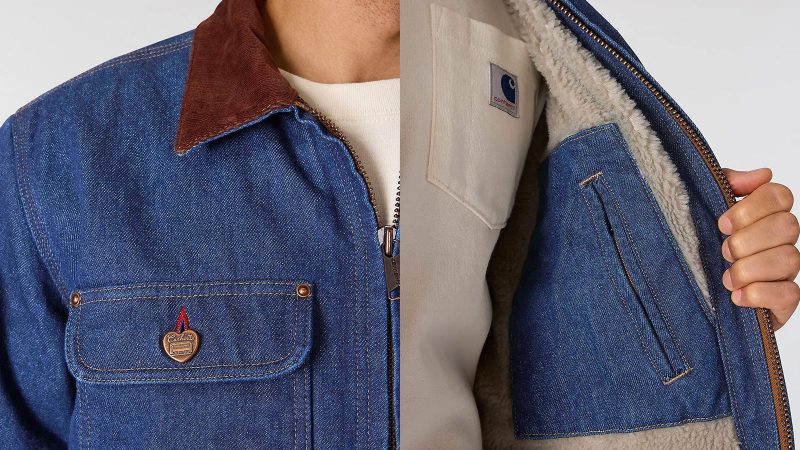 The Carhartt Crafted Series Denim Sherpa Lined Chore Jacket is a heavyweight 15-oz cotton denim with plush sherpa lining and corduroy collar.