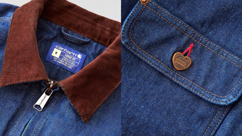 The Carhartt Crafted Series Denim Sherpa Lined Chore Jacket is a heavyweight 15-oz cotton denim with plush sherpa lining and corduroy collar.