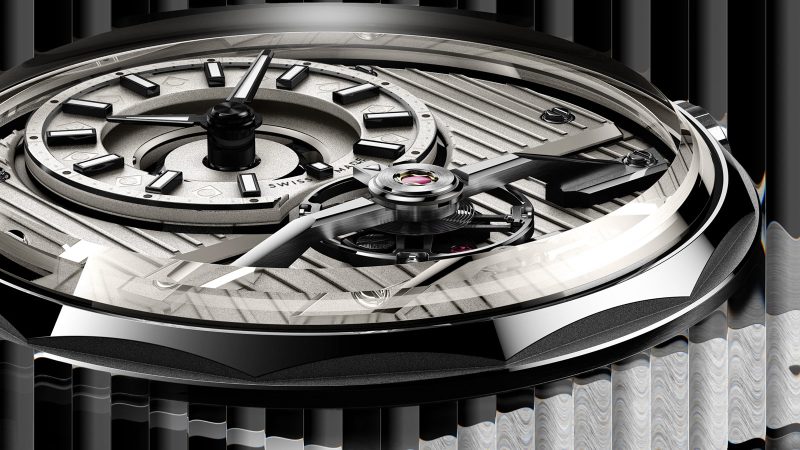 The Christopher Ward x Worn & Wound C12 Brooklynite watch features a champagne dial, an open balance, and Art Deco-inspired detailing.