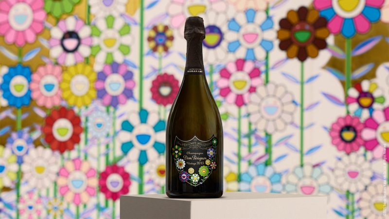 The Dom Pérignon x Takashi Murakami collab features vibrant flower motifs inspired by Murakami’s signature Superflat style.