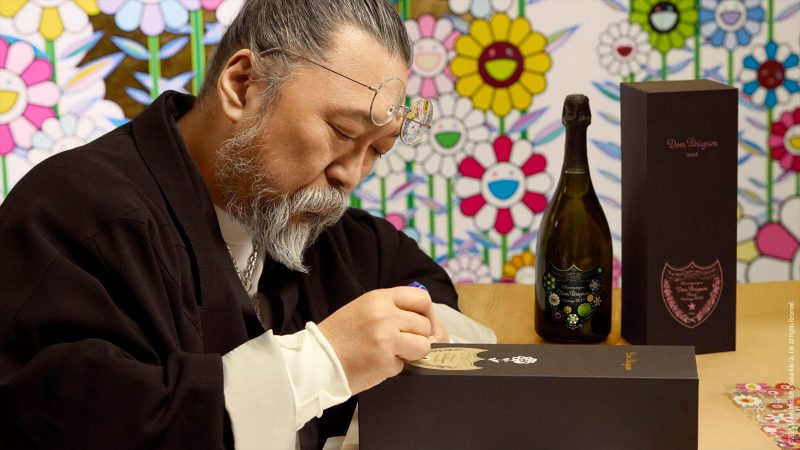 The Dom Pérignon x Takashi Murakami collab features vibrant flower motifs inspired by Murakami’s signature Superflat style.