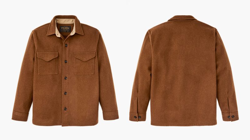 The Filson Mackinaw Wool JacShirt is made from heavy-duty Mackinaw wool, with chest flap pockets and rugged outdoor overshirt styling.