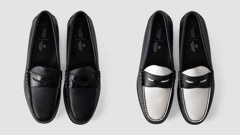 The G.H. Bass × Reigning Champ Larson Weejuns loafer in black Horween pebbled basketball leather, hand-painted white lacquered sole, beefroll stitching, and co-branded coin.