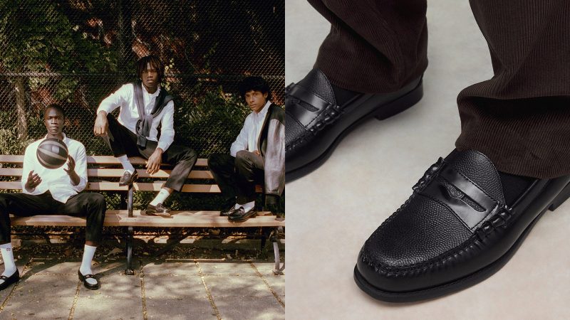 The G.H. Bass × Reigning Champ Larson Weejuns loafer in black Horween pebbled basketball leather, hand-painted white lacquered sole, beefroll stitching, and co-branded coin.