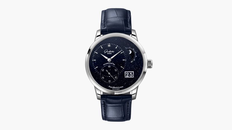 Glashütte Original PanoMaticLunar Anniversary Edition platinum watch with aventurine dial and moon-phase complication.