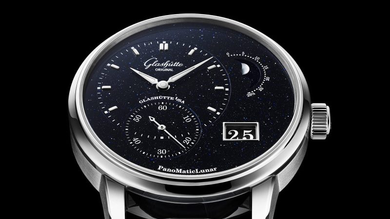Glashütte Original PanoMaticLunar Anniversary Edition platinum watch with aventurine dial and moon-phase complication.