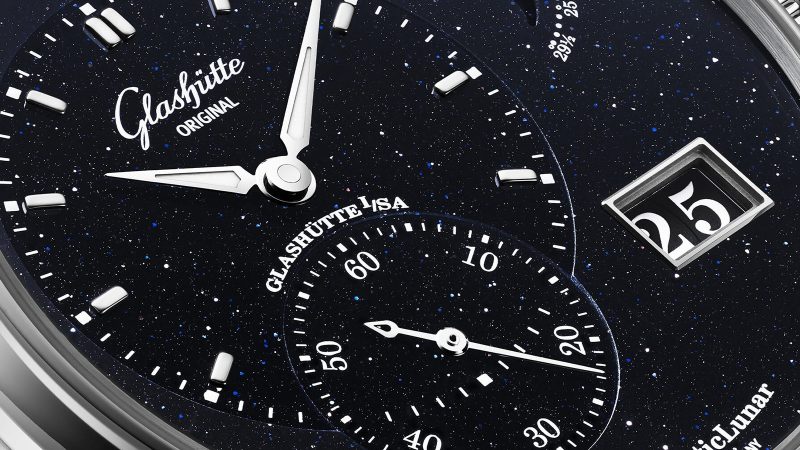Glashütte Original PanoMaticLunar Anniversary Edition platinum watch with aventurine dial and moon-phase complication.