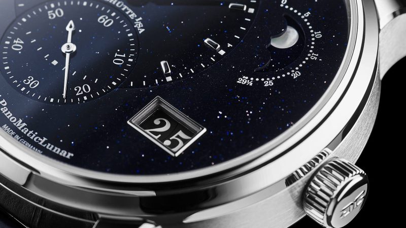Glashütte Original PanoMaticLunar Anniversary Edition platinum watch with aventurine dial and moon-phase complication.