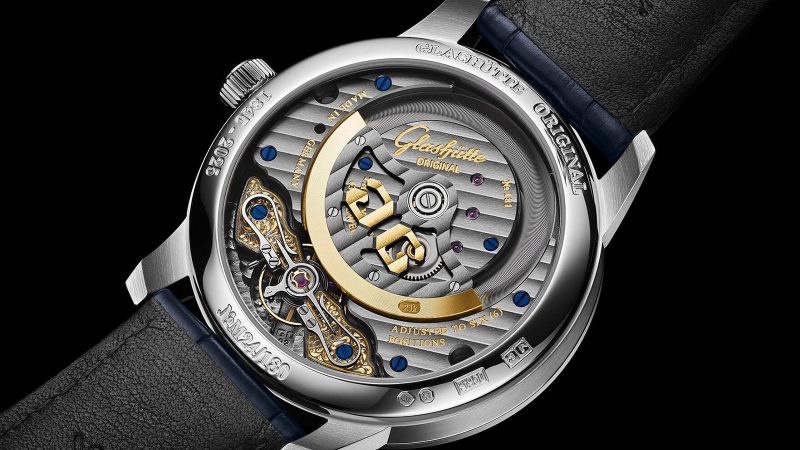 Glashütte Original PanoMaticLunar Anniversary Edition platinum watch with aventurine dial and moon-phase complication.