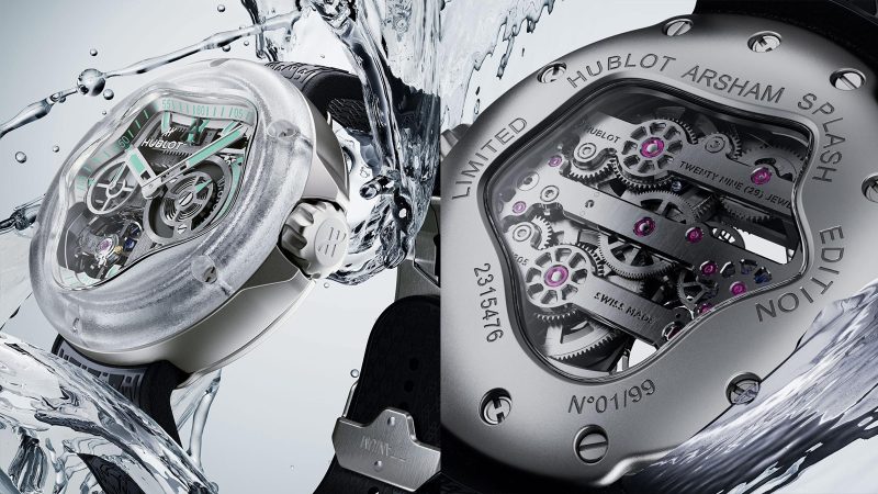 The Hublot MP-17 Meca-10 Arsham Splash Titanium Sapphire watch boasts a fluid design, green accents, and a transparent sapphire case, limited to 99 pieces.