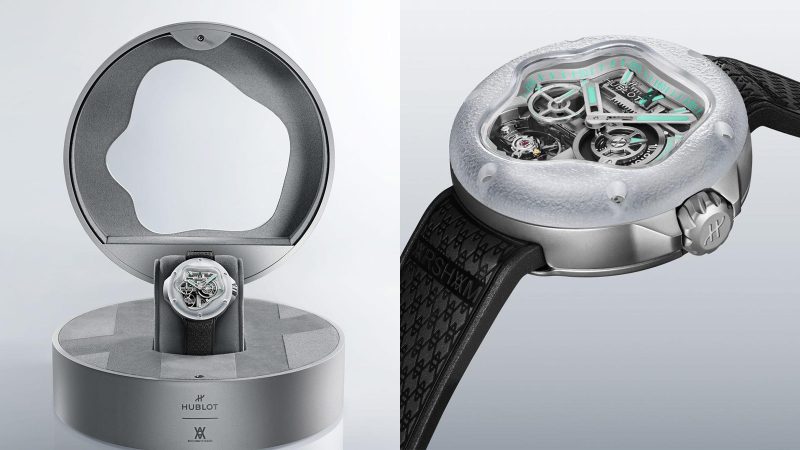 The Hublot MP-17 Meca-10 Arsham Splash Titanium Sapphire watch boasts a fluid design, green accents, and a transparent sapphire case, limited to 99 pieces.