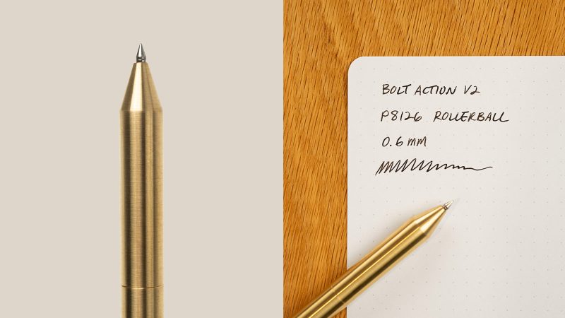 The Ugmonk x INVENTERY Bolt Action Pen V2 showcases the laser-etched clip and precision-machined bolt mechanism.