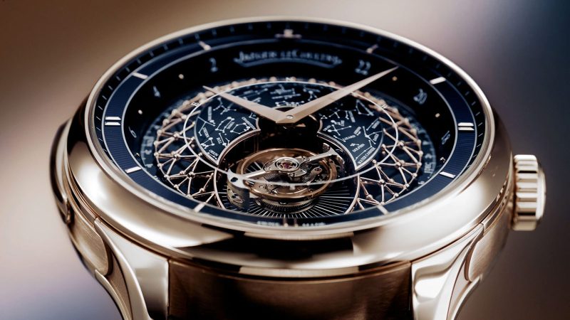 The Jaeger-LeCoultre Master Hybris Artistica Caliber 945, crafted in pink gold, features a domed enamel dial, a celestial star chart, and a flying Cosmotourbillon.