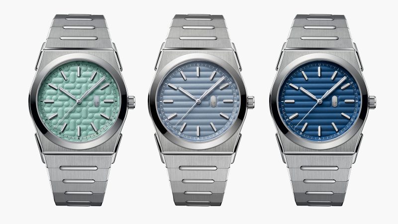 The Louis Erard 2340 sports watch boasts an integrated titanium-steel bracelet and textured dial.