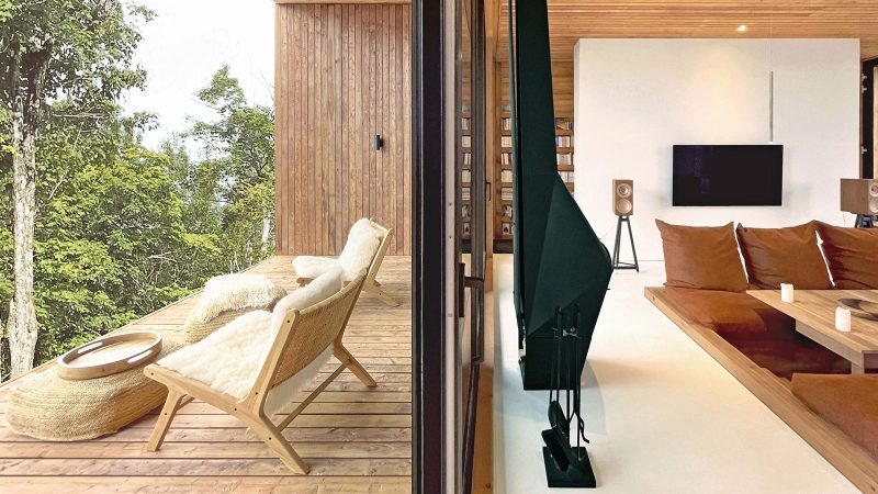 La Cadrée Perchée House in Morin-Heights by L’Empreinte Design Architecture, a modern wood-and-glass mountain retreat elevated among the maple trees overlooking Lac Franc.