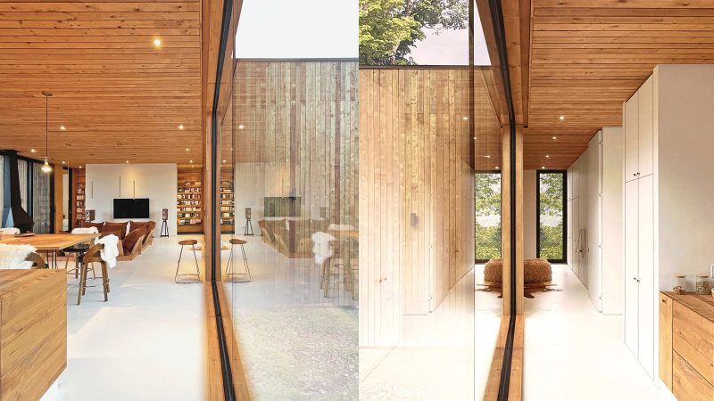 La Cadrée Perchée House in Morin-Heights by L’Empreinte Design Architecture, a modern wood-and-glass mountain retreat elevated among the maple trees overlooking Lac Franc.