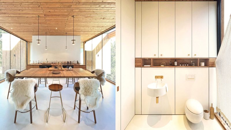 La Cadrée Perchée House in Morin-Heights by L’Empreinte Design Architecture, a modern wood-and-glass mountain retreat elevated among the maple trees overlooking Lac Franc.