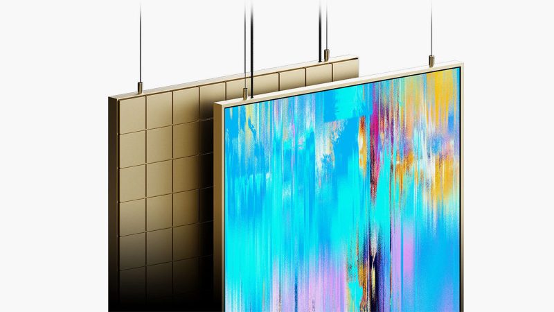 Layer Canvas ultra-high-resolution digital art display mounted in a minimalist living room, true black screen, and wide color gamut.