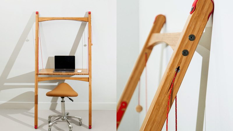 The Leandesk Bamboo Folding Sit-Stand Desk is crafted from an adjustable bamboo surface and foldable frame.