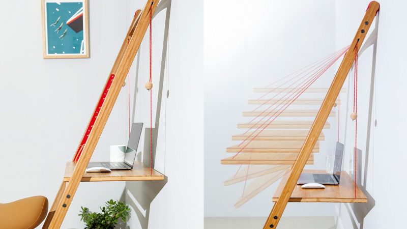 The Leandesk Bamboo Folding Sit-Stand Desk is crafted from an adjustable bamboo surface and foldable frame.