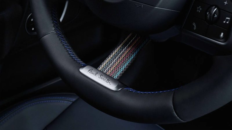 The MINI Paul Smith Edition in Inspired White with contrast Nottingham Green roof and Paul Smith’s signature stripe details.