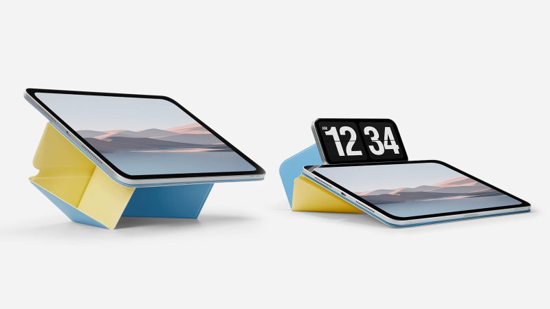 The MOFT Dynamic Folio iPad case showcases a floating mode with adjustable angles and slim fiberglass construction in a sleek minimalist design.