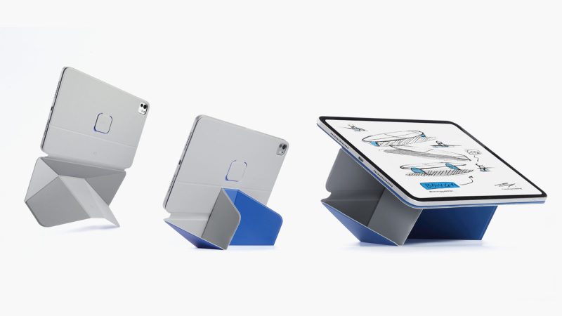 The MOFT Dynamic Folio iPad case showcases a floating mode with adjustable angles and slim fiberglass construction in a sleek minimalist design.