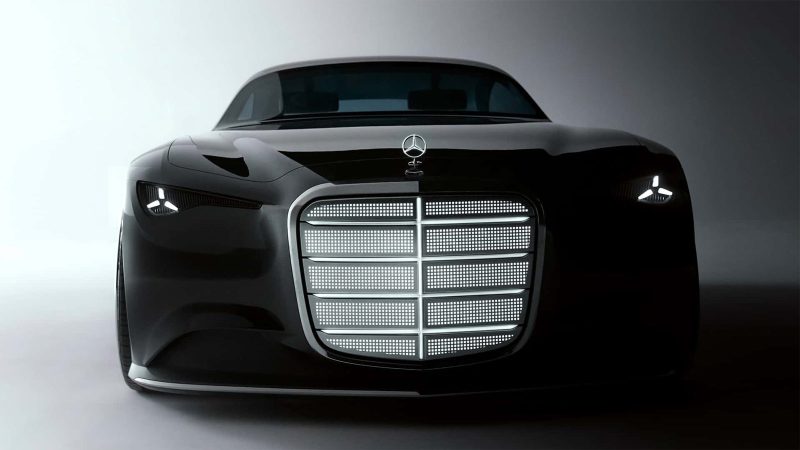 The Mercedes Vision Iconic concept EV features a long hood, solar panel surfaces, an illuminated grille, vintage coupe proportions, and futuristic detailing