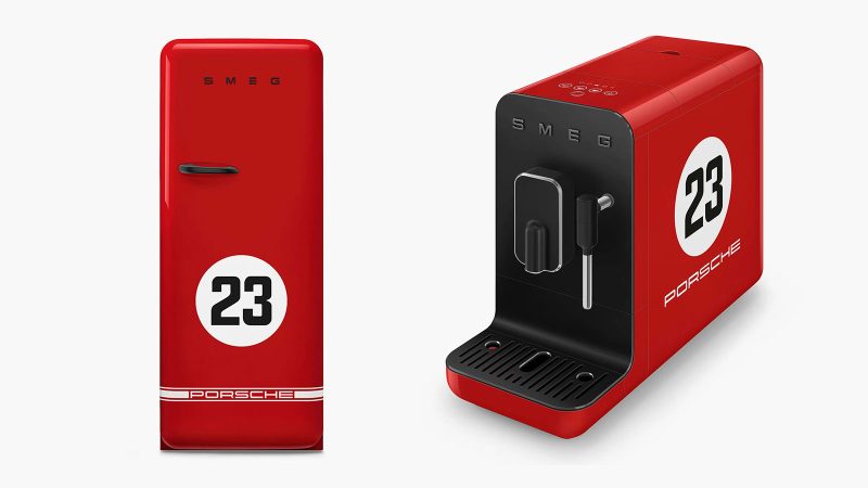 The limited-edition Porsche × Smeg appliances lineup boasts bold racing stripes—featuring a fridge and coffee machine in motorsport styling.