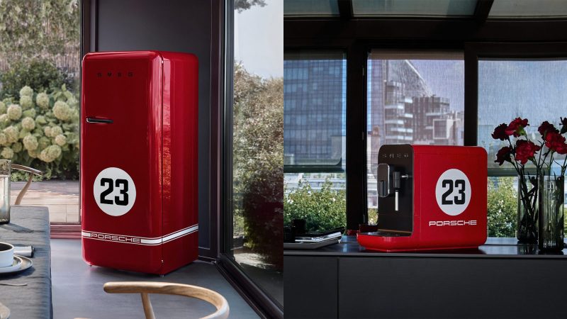 The limited-edition Porsche × Smeg appliances lineup boasts bold racing stripes—featuring a fridge and coffee machine in motorsport styling.