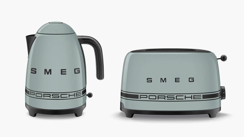 The limited-edition Porsche × Smeg appliances lineup boasts bold racing stripes—featuring a fridge and coffee machine in motorsport styling.