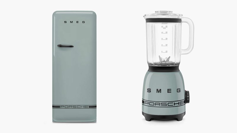The limited-edition Porsche × Smeg appliances lineup boasts bold racing stripes—featuring a fridge and coffee machine in motorsport styling.